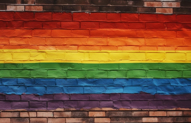 KI-generative Pride-Regenbogen-LGBT-Gay-Flagge auf einer Ziegelwand