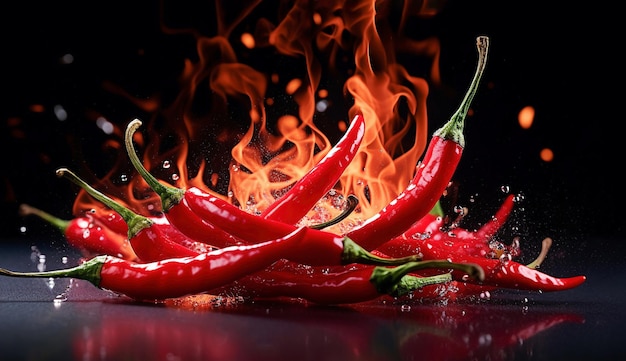 KI-generative rote scharfe Chilischoten in Flammen