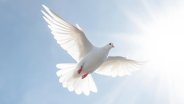 KI-generative weiße Taube vor blauem Himmel