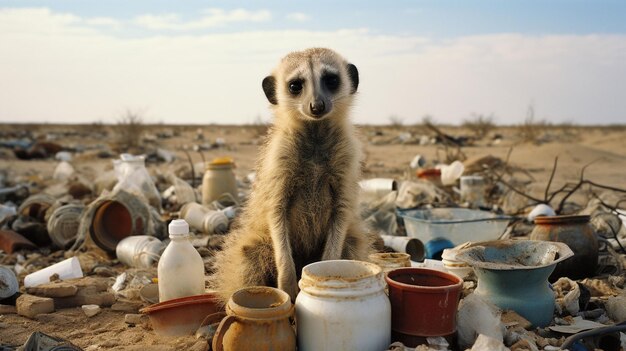 Foto ki-generierte abbildung einer meerkat, die auf einem stapel müll steht, wachsam und wachsam