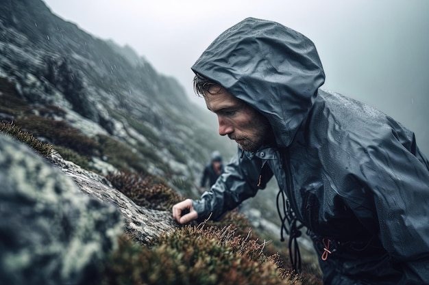KI generierte das Bild eines jungen Mannes, der im Regen einen Berghang hinaufging und Bergsteigen machte