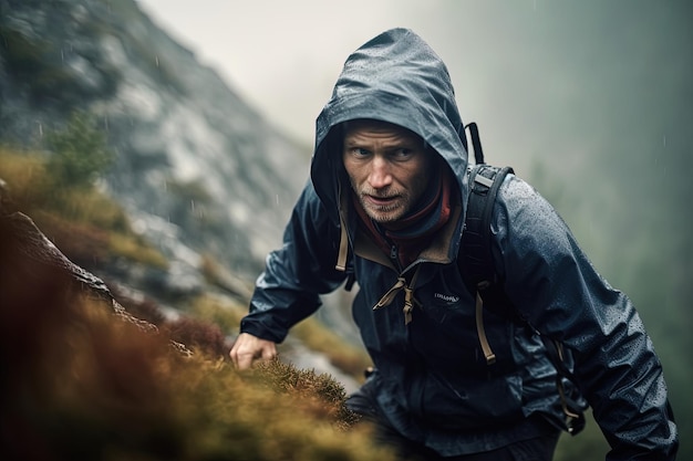 KI generierte das Bild eines jungen Mannes, der im Regen einen Berghang hinaufging und Bergsteigen machte