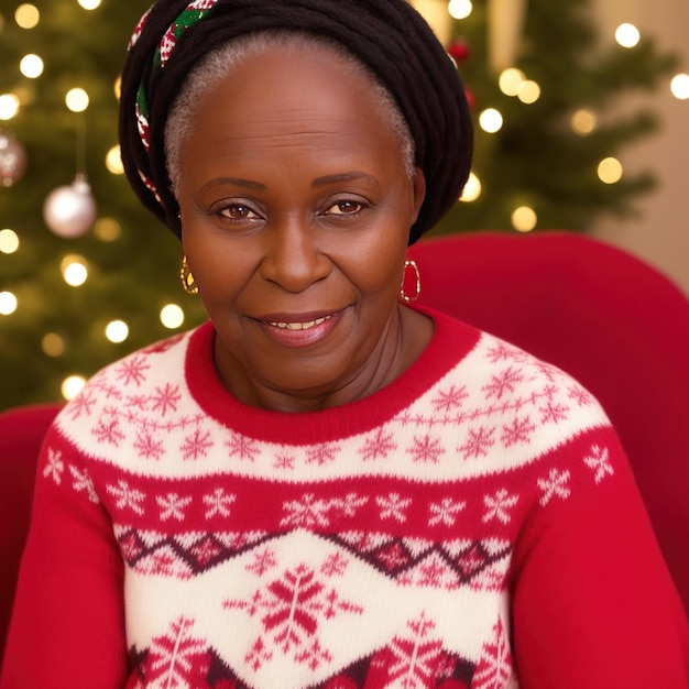 KI-generierte Frau in einem Weihnachtspullover