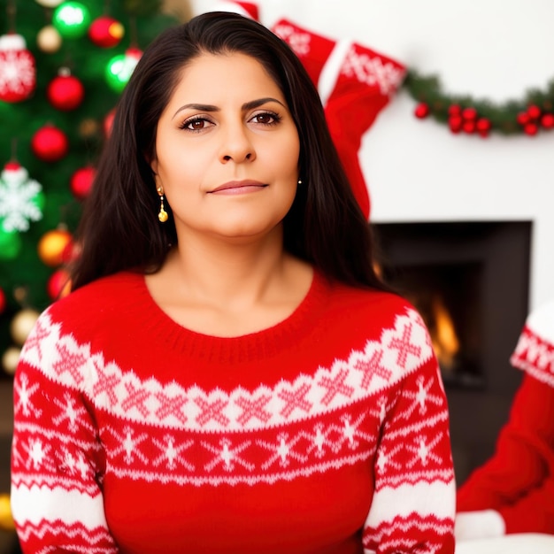 KI-generierte Frau in einem Weihnachtspullover