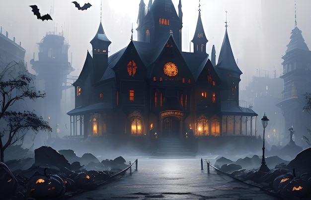 KI generierte Halloween-Themenelement, gruselige Nachtvilla-Illustrationshintergrund