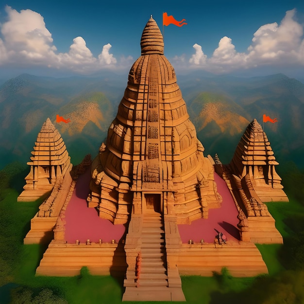 KI-generierte Hindu-Gottes-Tempel mit Bhagwa-Fahnen