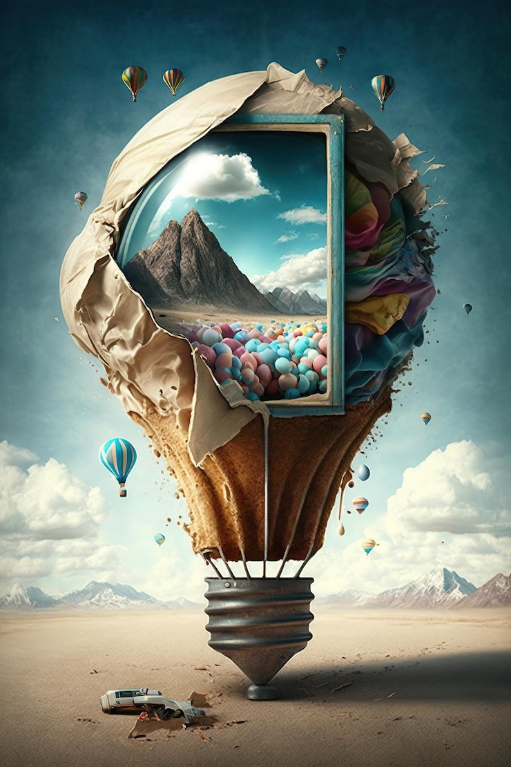 Foto ki-generierte illustration. brainstorming kreativer ideen, bilderrahmen, glühbirne und heißluftballon