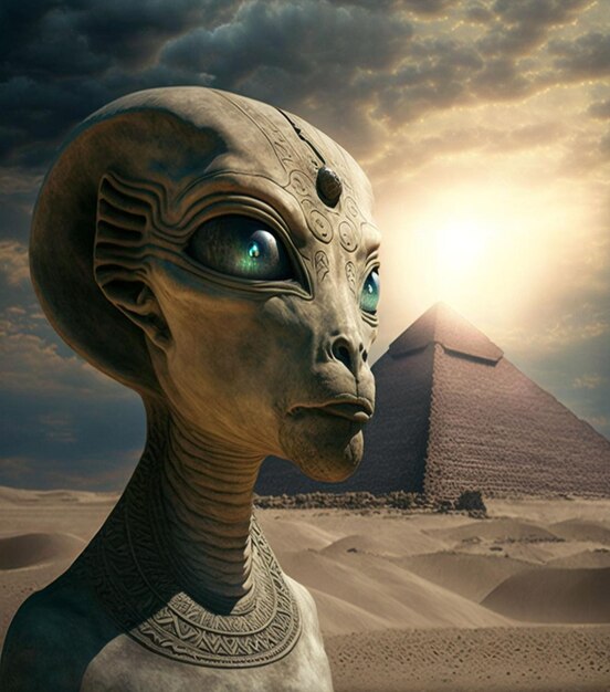 KI-generierte Illustration einer außerirdischen Kreatur mit einer Pyramide im Hintergrund