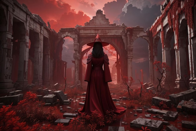 KI-generierte Illustration einer Frau in einem leuchtend roten Kleid und Hut vor einer historischen Ruine