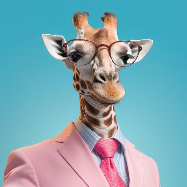 KI-generierte Illustration einer Giraffe in einem retro-funky Anzug und Brille auf blauem Hintergrund