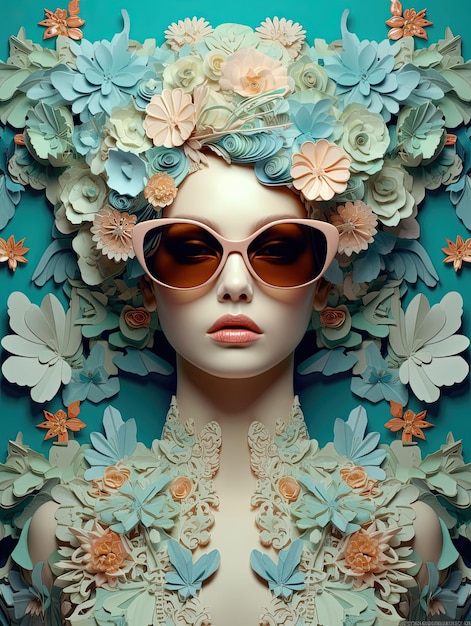 KI-generierte Illustration einer jungen Frau mit Brille, umgeben von bunten Blumen
