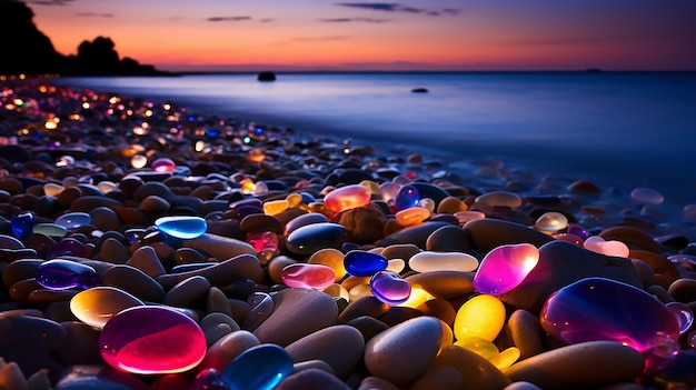 KI-generierte Illustration einer lebendigen Anzeige von mehrfarbigen Glassteinen an einem Strand