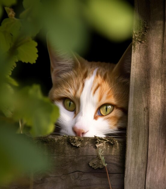 KI-generierte Illustration einer neugierigen braun getigerten Katze, die hinter einem Holzzaun hervorlugt