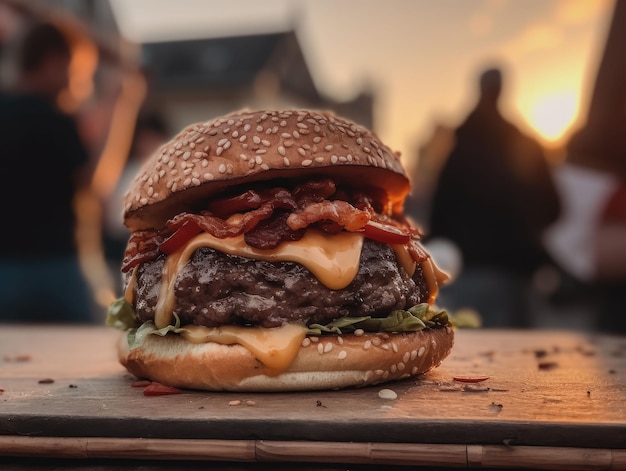 KI-generierte Illustration eines appetitlichen Hamburgers mit Speck und geschmolzenem Käse auf einem Holztisch