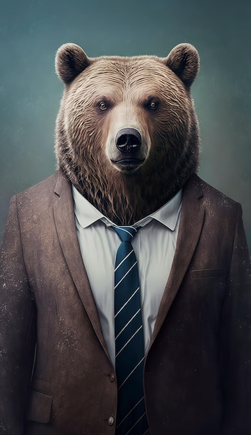 KI-generierte Illustration eines Bären in einem Kostüm auf dunklem Hintergrund