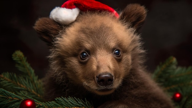 KI-generierte Illustration eines braunen Bären, der einen Weihnachtshut trägt.