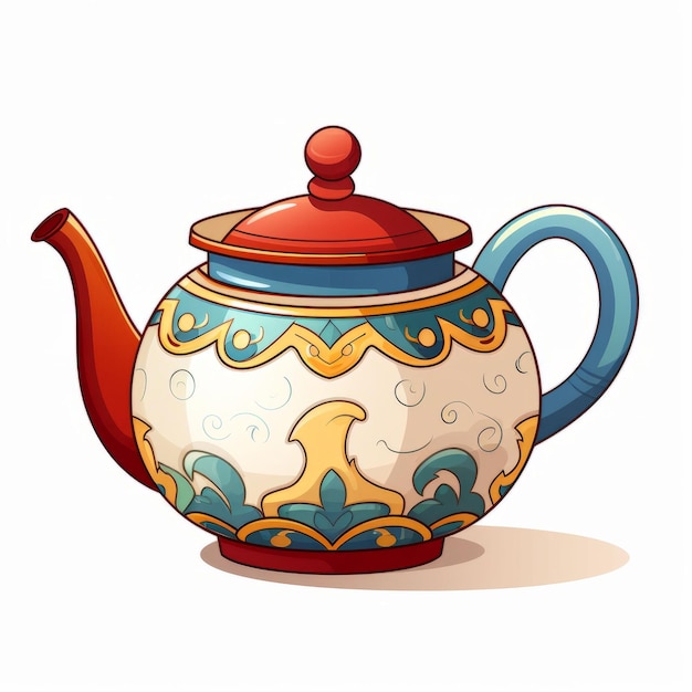 KI-generierte Illustration eines bunten Teepots im Cartoon-Stil auf einem einfachen weißen Hintergrund