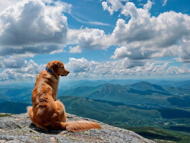 Foto ki-generierte illustration eines goldenen hundes, der auf einem großen felsen sitzt und auf die berge starrt