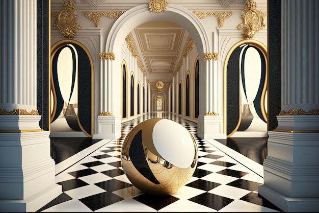 KI-generierte Illustration eines großen goldenen Luftballons, der in einem eleganten, kunstvollen Gebäude ausgestellt ist