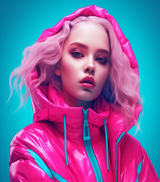 KI-generierte Illustration eines Modells mit leuchtend rosa Haaren, das vor einem einfarbigen Hintergrund posiert