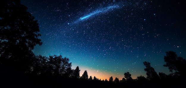 Foto ki-generierte illustration eines nachthimmels, der von einer vielzahl von sternen vor einem üppigen wald beleuchtet wird