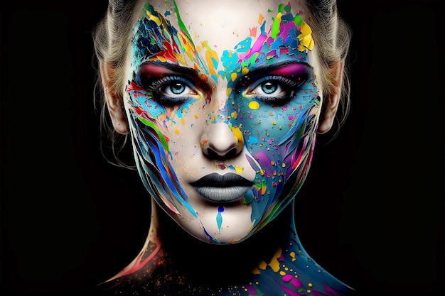 KI-generierte Illustration eines Porträts einer Frau mit farbenfrohem Gesichtsbemalungsdesign