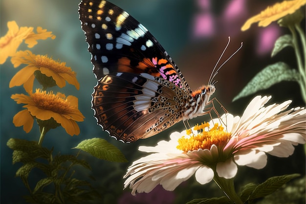 KI-generierte Illustration eines Schmetterlings, der auf einer Blume im Garten sitzt