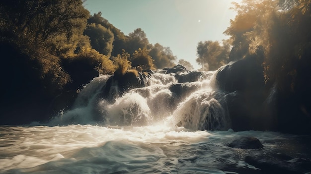 KI-generierte Illustration eines üppigen Flusses, der über einen hohen Wasserfall fließt, umgeben von hohen Bäumen