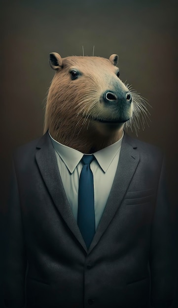 KI-generierte Illustration eines Wasserschweins im Business-Anzug vor dunklem Hintergrund