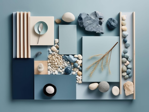Foto ki-generierte illustration eines wunderschönen material-moodboard-arrangements in blauen schatten