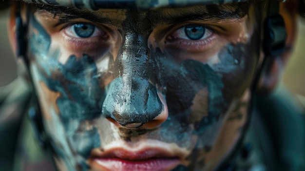 Foto ki-generierte illustration mit tarnfarbe auf den wangen eines soldaten