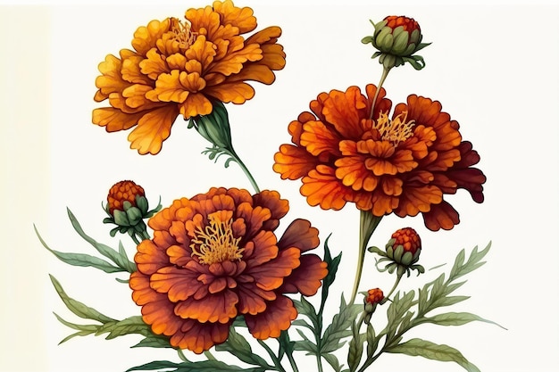 KI-generierte Illustration von Ringelblumen (Tagetes), isoliert auf weißem Hintergrund