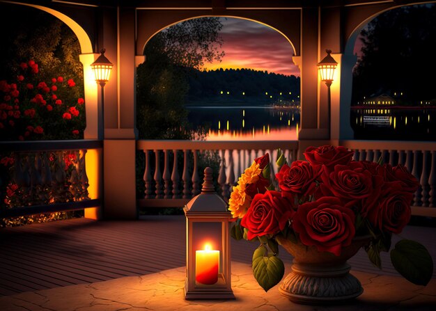 KI-generierte Illustration von Rosen und einer Vintage-Kerzenlaterne auf einem Holztisch in einem Pavillon