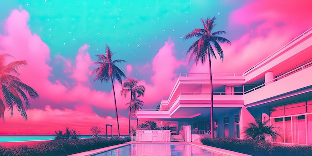 KI generierte KI generativ Alte Vintage Cyberpunk Dampfwelle Synthwave Miami Vice Florida tropische Landschaft Grafikkunst