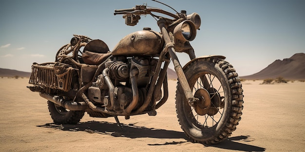 KI-generierte KI-generativ. Altes Vintage-Retro-Brutal-Motorrad im Mad-Max-Film auf der Wüstenstraße