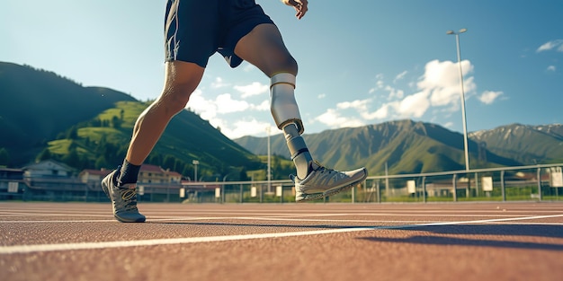 KI-generierte KI-Generativ Behinderte Person mit Beinprothese, die einen Marathonlauf läuft. Geben Sie niemals auf