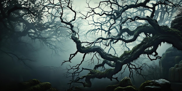 KI-generierte KI-generativ. Gruseliger Horror, böser dunkler Gothic-Halloween-Walddschungel, verdrehter Baum