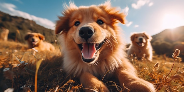 KI generierte KI generativ Outdoor Natur Feld Wiese Haustier Tier glückliches Lächeln Hund