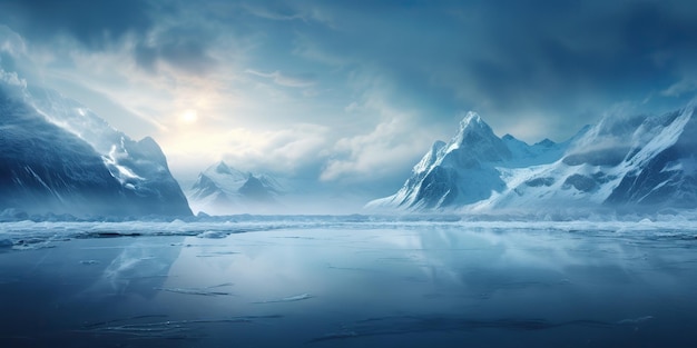 KI generierte KI generativ Wintereis Schnee gefrorener See Natur Hintergrund im Freien mit Bergen