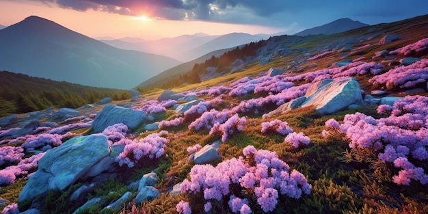 KI-generierte KI-generativ Wunderschöne Rhododendronblüten über der Feldlandschaft der Berge bei Sonnenuntergang
