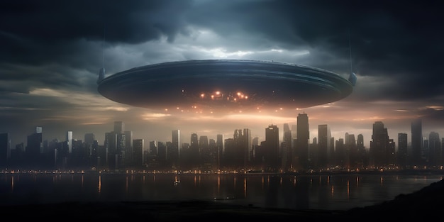 KI-generierte KI-generative Alien-Raumschiff-Mutterschiff-UFO-Galaxieinvasion Dunkle Nachtlichtstadt