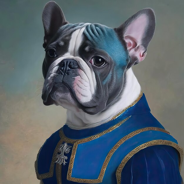 KI-generierte KI-generative Bulldogge, Frenchie-Hund in Geschichte, Renaissance-Stoffkostüm, Grafikkunst