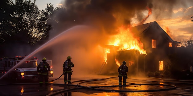 KI-generierte KI-generative Feuerwehrmann setzt Wasser auf Feuer Flammenhaus Motivationsheld harte Arbeit Grafikkunst