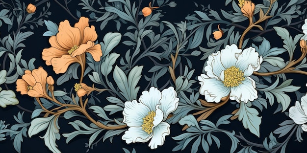 KI-generierte KI-generative florale botanische Blumen Blattmuster Hintergrundtextur Grafikkunst