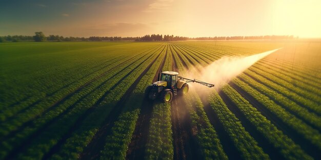 Foto ki-generierte ki-generative foto-luftdrohnenillustration eines traktors, der pestizide auf eine feldfarmlandschaft sprüht. grafikkunst