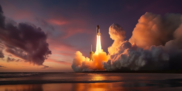 KI-generierte KI-generative fotorealistische Illustration des Raketen-Shuttle-Schiffes der NASA, das Abenteuer, Raumfahrt, Erkundungsstimmung, Grafikkunst startet