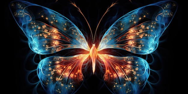 KI-generierte KI-generative fraktale Röntgenstrahlung leuchtende Schmetterlinge Insekten Decorationsvorlage Grafik Illustration