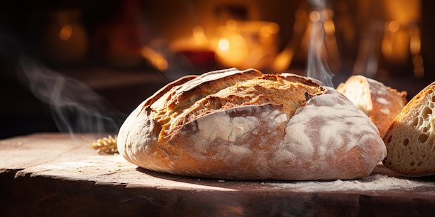 KI-generierte KI-Generative Frisches, biologisch gebackenes Weizenbrot aus der Bäckerei auf einem Holztisch