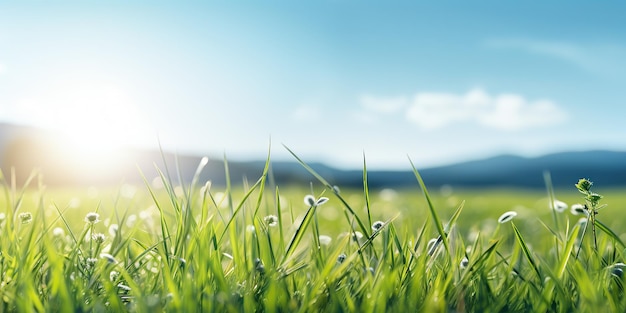 KI-generierte KI-Generative Grüne frische Grasfelder Wiese mit blauem Himmel Horizont Hintergrund Mock up inspirierende wilde Natur im Freien Grafische Kunst Illustration