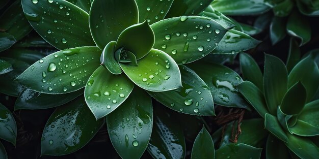 Foto ki-generierte ki-generative grüne tropische exotische pflanze, blumenblatt, sukkulente mit wasserregentropfen